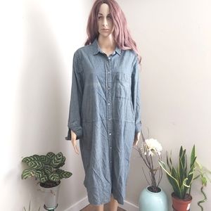 Roots blue button down denim shirt dress midi shift long sleeves collar
